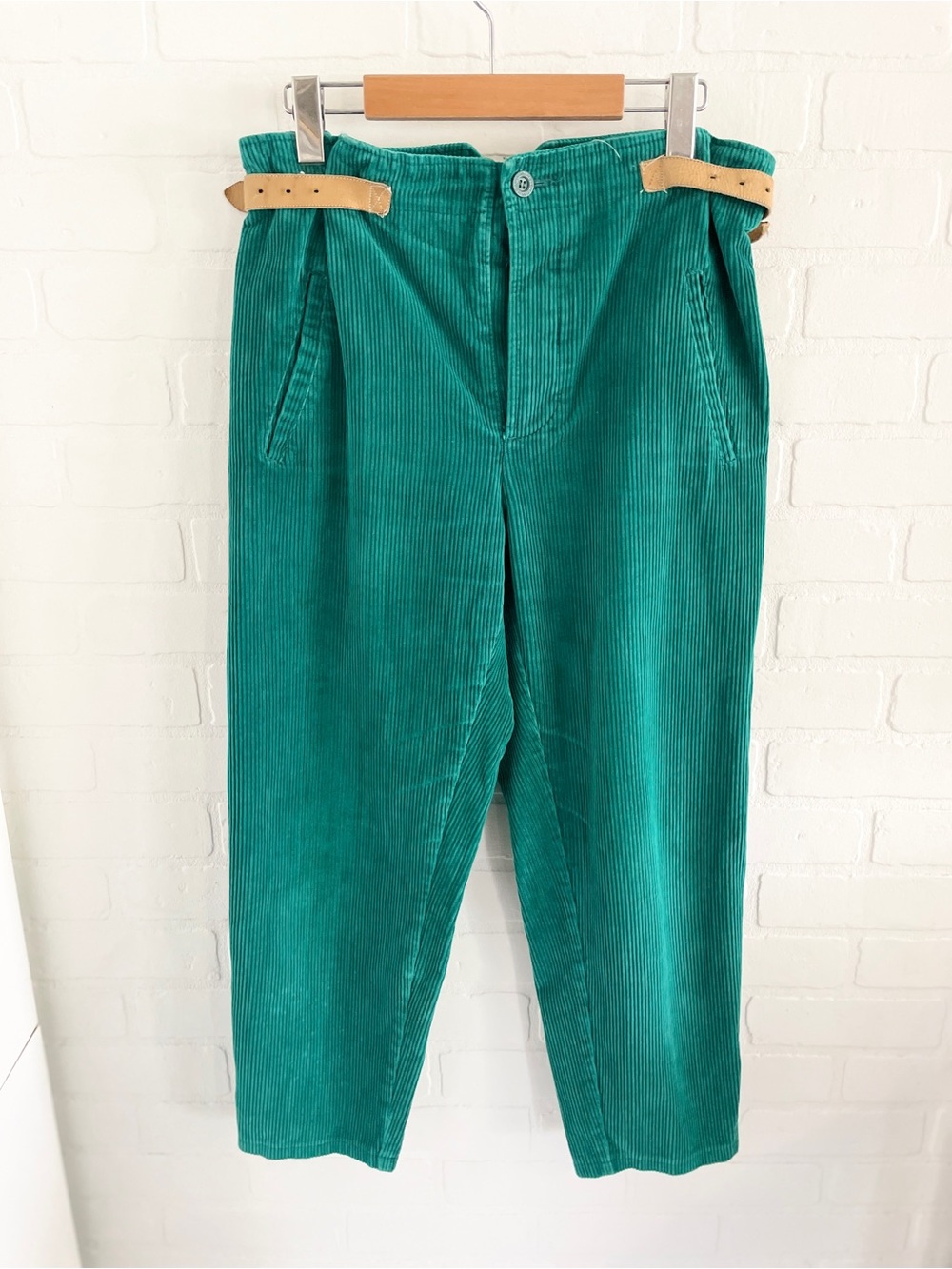 Vintage 70s Emerald Teal Corduroy Barrel Pants Leather Side Tabs Archive Size 10 - Picture 3 of 16